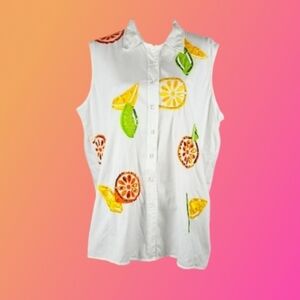 Lemon Orange Lime Sequin Citrus Fruit Embellished White Denim Shirt 26-28